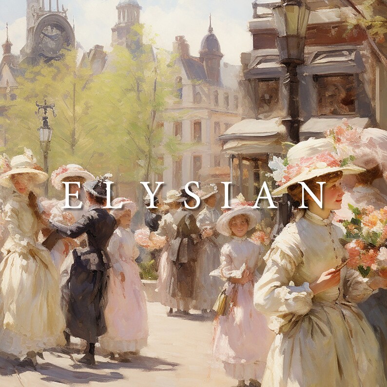 May include: A painting of a group of people in a city street. The people are wearing white dresses and hats. The street is lined with buildings and trees. The painting is titled "Elysian".