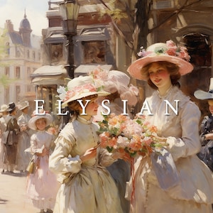 May include: Two women wearing large, white hats with pink and white flowers, stand on a city street. One woman holds a bouquet of pink and white flowers. The other woman is smiling. The word "ELYSIAN" is written in white letters across the image.