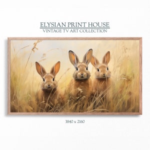 May include: Three brown rabbits with long ears are sitting in a field of tall, golden grass. The rabbits are looking directly at the viewer. The background is a soft, golden yellow.
