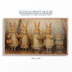 May include: Five brown rabbits wearing clothes stand in a forest setting. The rabbits are wearing different outfits, including a brown jacket, a green jacket, and a blue jacket. The rabbits are standing in front of a background of trees and flowers.