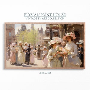 May include: A vintage painting depicting a group of people, mostly women, walking down a street in a city. The women are wearing hats and carrying bouquets of flowers. The painting is in a light, airy style with soft colors.