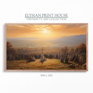 May include: A painting depicting a group of people gathered on a hilltop, looking towards a cross with a setting sun in the background. The sky is a vibrant orange and yellow, and the hills are covered in trees. The people are dressed in simple clothing, and they appear to be praying or meditating.