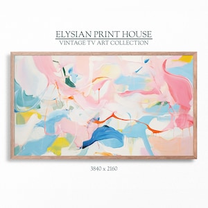 May include: Abstract painting in a wooden frame with a white background and colorful swirls of pink, blue, yellow, and orange paint. The painting is 3840 x 2160 pixels.