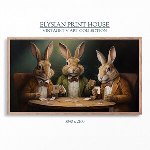 May include: Three brown rabbits wearing bow ties and suits are sitting at a table playing cards. The rabbits are in a dimly lit room with a green background. The image is a painting.