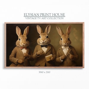 May include: Three brown rabbits wearing suits and bow ties. The rabbit in the middle is holding a small book. The rabbits are against a brown background.  Elysian Print House Vintage TV Art Collection.
