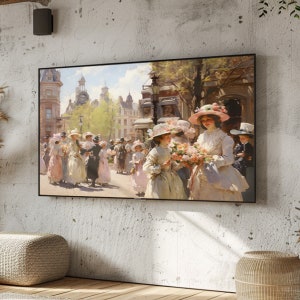 May include: A painting depicting a group of women in elegant dresses and hats walking down a street in a European city. The women are carrying bouquets of flowers and appear to be enjoying a sunny day.