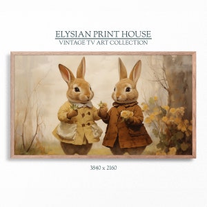 May include: Two brown rabbits wearing coats and holding flowers stand in a forest setting. The rabbits are looking at each other. The background is a soft, muted brown and yellow.