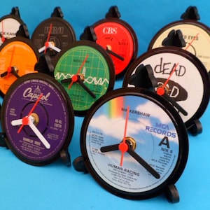 List O - 4&quot; Vinyl Record Upcycled DESK CLOCKS All Recycled Records / Singles . Great Gifts. Many Artists to select