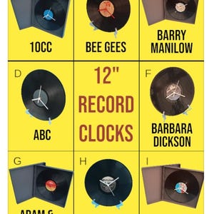 12&quot; Vinyl Record Upcycled WALL CLOCKS in Presentation Box . Perfect for Gifts. Many Artists to select . All Original Vinyl Records (&quot;A - D&quot;)