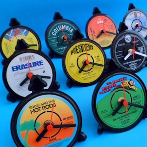 List E - 4&quot; Vinyl Record Upcycled DESK CLOCKS All Recycled Records / Singles . Great Gifts. Many Artists to select