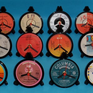 List G - 4&quot; Vinyl Record Upcycled DESK CLOCKS All Recycled Records / Singles . Great Gifts. Many Artists to select