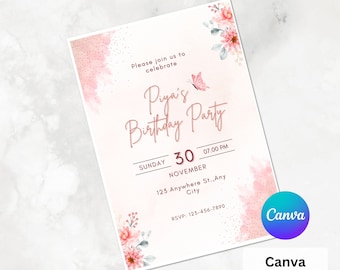 May include: A birthday party invitation with a pink and white floral design. The invitation includes the text "Please join us to celebrate Piya's Birthday Party" and event details. The Canva template is available.