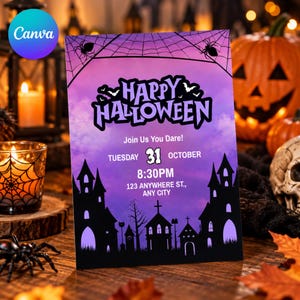 May include: A rectangular Halloween party invitation card featuring a purple and black gradient background with a spiderweb, silhouettes of a haunted house, and text that reads Happy Halloween, Join Us You Dare, Tuesday 31 October, 8:30PM, 123 Anywhere St., Any City.