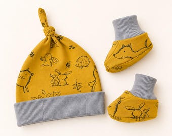 Organic Cotton Baby Hat & Booties Set, Woodland Animal Print, Newborn Gift