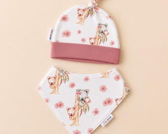 Handmade Baby Koala Hat & Bib Set, Organic Cotton, Floral Print (Newborn Gift)