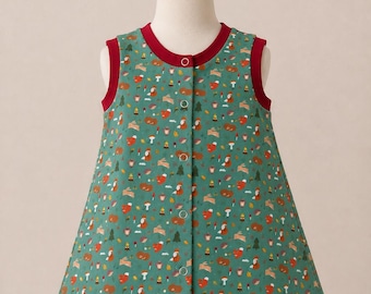 Handmade Baby Girl Dress, Organic Cotton Jersey, Woodland Animals, Fox Forest Print, Toddler Clothing
