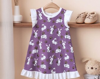 Organic Cotton Baby Dress with Bunnies | Handmade Purple Toddler Outfit | GOTS Certified