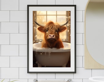 Cloakroom Toilet Poster - Wash your hands you filthy animal - Highland Cow Bathtime - Wall Art Home Decor