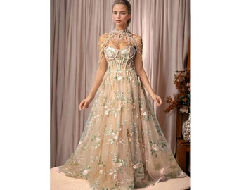Princess Fairy corset dress, prom tulle dress, flower applique dress, bustier dress, alternative wedding dress, corset ball gown, prom dress