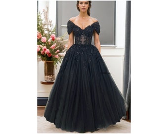 black wedding dress, gothic prom dress, tulle dress, gothic wedding dress,black ball gown,plus size ball gown,masquerade ball gown