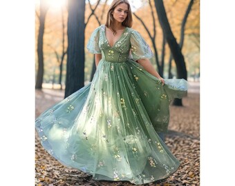 Fairy Prom dress, Green prom dress, fairycore dress, corset wedding dress, elven dress, prom dress ball gown, fairy ball gown, regency gown