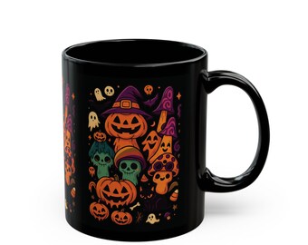 Tasse d'Halloween | Conception effrayante de crâne de citrouille | Tasse à café gothique mignonne | Céramique noire 11 oz 15 oz