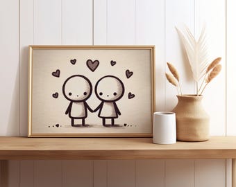 Impresión artística minimalista de pareja, adorable ilustración de amor con forma de palito, decoración de pared con forma de corazón, regalo de aniversario o San Valentín (descarga digital)