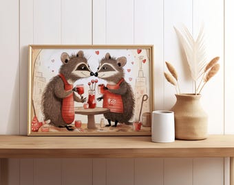 Raccoon Couple Cooking Date Art, Whimsical Animal Illustration Print, Charming Wall Decor, Digital Download