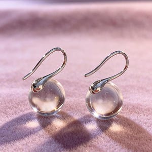 Handmade Clear Quartz Sphere Drop Earrings 925 Sterling Silver, Dainty Crystal Ball Dangle Earrings Minimalist Jewelry Gift for Her