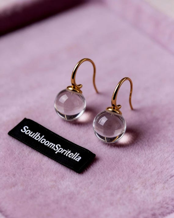 Natural Clear Quartz Drop Earrings 925 Sterling Silver Gold Plated, Minimalist White Crystal Hook Dangle Earrings, Gift for Her