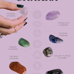 Puede incluir: Imagen con cristales para cada chakra, con el texto "THE BEST CRYSTALS FOR EACH CHAKRA". Los cristales incluyen piedras claras, moradas, verdes, azules, marrones y negras. Cada cristal est&aacute; etiquetado con su chakra correspondiente: Corona, Tercer Ojo, Coraz&oacute;n, Garganta, Sacro, Plexo Solar y Ra&iacute;z.
