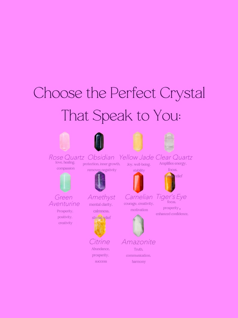 Puede incluir: Un fondo rosa con el texto "Elige el cristal perfecto que te hable" e ilustraciones de varios cristales. Los cristales incluyen cuarzo rosa, obsidiana, jade amarillo, cuarzo transparente, aventurina verde, amatista, cornalina, ojo de tigre, citrino y amazonita.