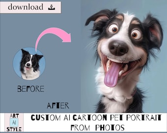 Custom AI Cartoon Pet Portrait from Photos, Digital Download, Dog Cartoon Portrait Cat, Personalized, Wall Art, Poster, Gift for Dog Mom