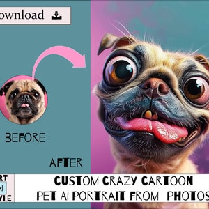 Aangepaste Crazy Cartoon Pet AI portret van foto's, digitale download, kunst aan de muur, cadeau, digitale kunst, huisdierportret, aangepast portret, gepersonaliseerd