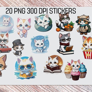 cute cat stickers PNG , PNG Printable , 20 Different Designs , transparent background , instant download image 1