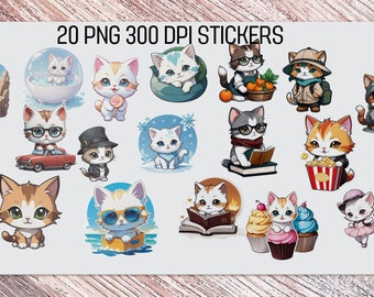 cute cat stickers PNG , PNG Printable , 20 Different Designs , transparent background , instant download