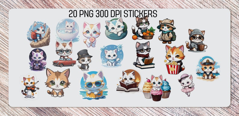 cute cat stickers PNG , PNG Printable , 20 Different Designs , transparent background , instant download image 1