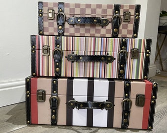 Quirky High Quality Colour Stripe Check Patterned Suitcase SHELF Chest Trunk Storage Display