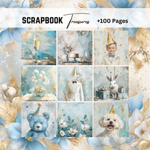 Birthday Gold Theme, Party Seiten, Blau, Shabby Chic Journal, Digitales Papier, Junk Journal, Decoupage Papiere, Scrapbook Papier, Goldfolie Papier