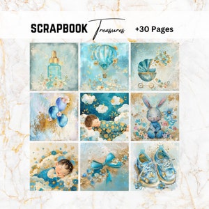 Baby Boy Papers, Children, Blue Gold, Shabby Chic Journal, Digital paper, Junk Journal, Decoupage Papers, Scrapbook Paper, Gold Foil Paper