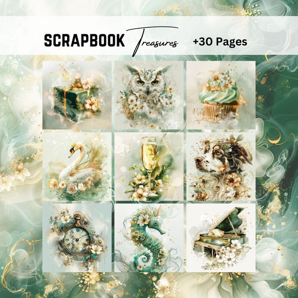 Green Gold Theme, Smoke, Fairytale, Shabby Chic Journal, Digital paper, Junk Journal, Decoupage Papers, Scrapbook Paper, Gold Foil Paper