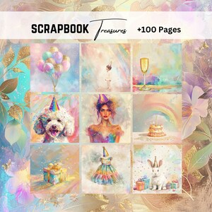 Birthday Gold Thema, Party Regenbogen, Shabby Chic Journal, Digitales Papier, Junk Journal, Decoupage Papiere, Scrapbook Papier, Goldfolie Papier