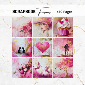 Papier rose fuchsia pour la Saint-Valentin, coeurs, bonbons, oiseaux, chats, chiens, papier numérique, journal indésirable, papiers de découpage, papier de scrapbooking, feuille d'or