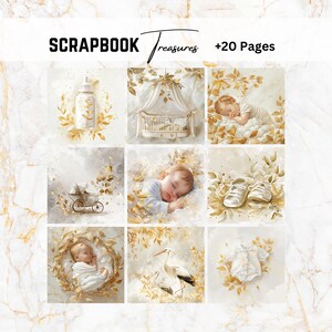 Baby Digital Paper, White Gold, Shabby Chic Journal, Digital paper, Junk Journal, Decoupage Papers, Scrapbook Paper, Gold Foil Paper