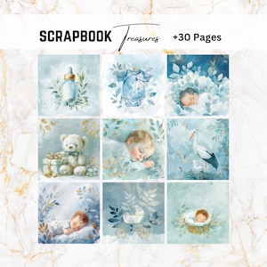 Baby Boy Papers, Blue White Gold, Shabby Chic Journal, Digital paper, Junk Journal, Decoupage Papers, Scrapbook Paper, Gold Foil Paper