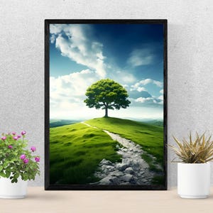 Tree on Hill Wall Art - Serene Landscape Digital Print - Minimalist Nature Decor - Instant Download - Mountain - Landscape - Digital Art