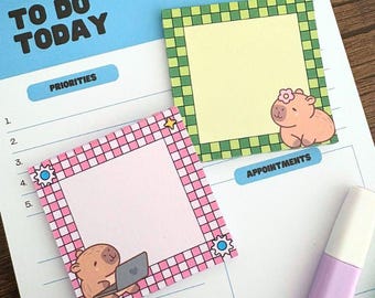 Handmade Adorable Capybara Mini Memo Pad, Set of 2 Pink & Green Mini Tear Off Notepad With Cute Capybara Art For Kids And Adults