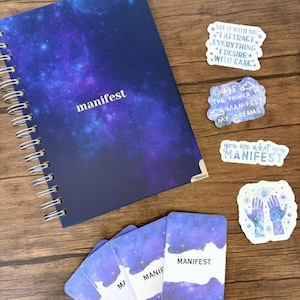 Set de diario de manifestación: diario de manifestación guiado diario, tarjetas y pegatinas de manifestación. Set de regalo de diario de la Ley de la Atracción.