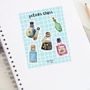 May include: A sheet of stickers with a blue grid background featuring five different potion bottles. The bottles are filled with colourful liquids and have various labels, including "Poison" and "Potions Class".