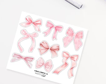 Pink Bow Sticker Sheet - Coquette Aesthetic Stickers For Scrapbooking Bullet Journal, Pink Ribbon Girly Sticker Sheet With Cute Coquette Bow
